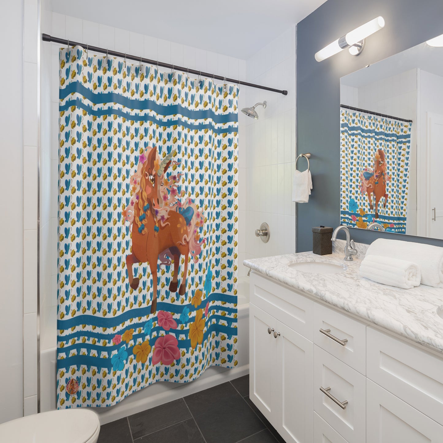 Gwenhwyer - Shower Curtain - Blue with Butterflies