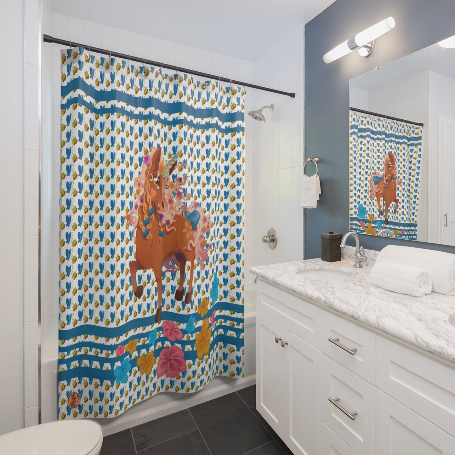 Gwenhwyer Goes Anywhere - Shower Curtain - Blue - Claires Unicorn Adventures