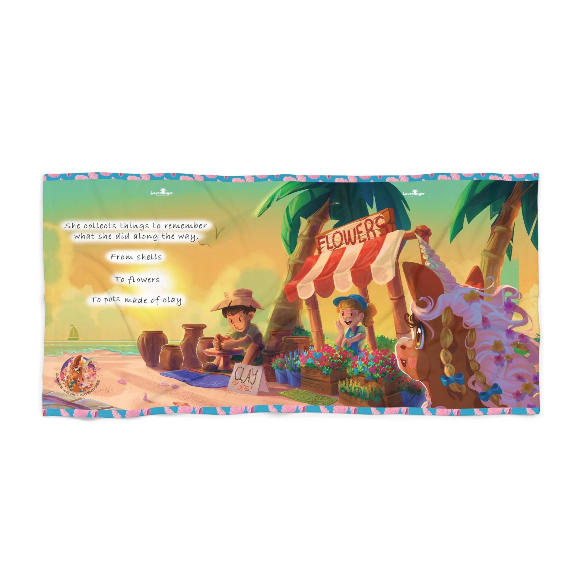 Gwemhwyer Goes Anywhere - Beach Towel - Beach Story Pages - Claires Unicorn Adventures