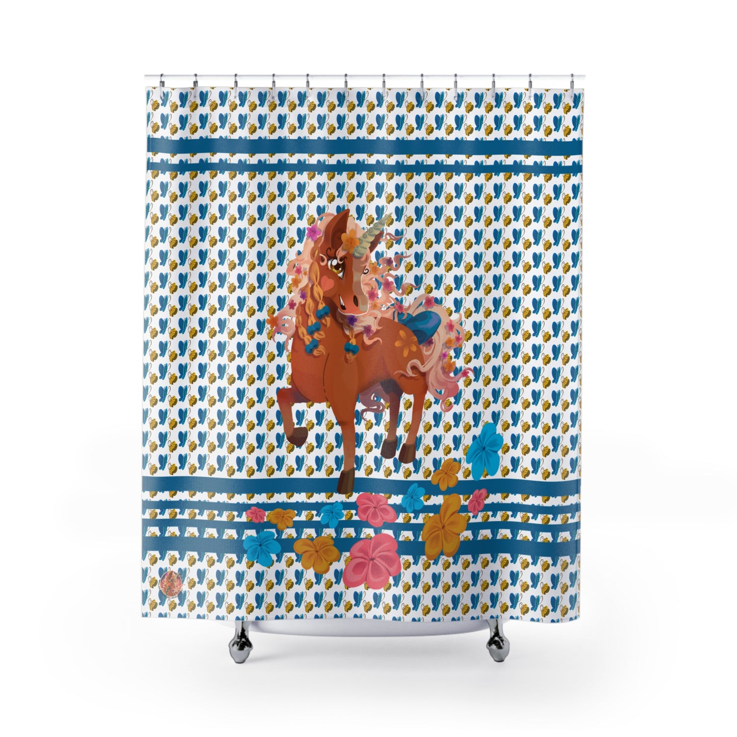 Gwenhwyer - Shower Curtain - Blue with Butterflies