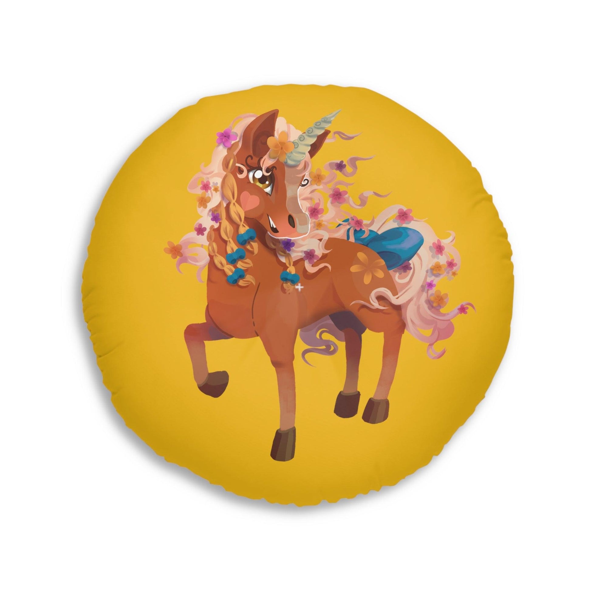 Gwenhwyer Goes Anywhere - Tufted Floor Pillow, Round - Yellow - Claires Unicorn Adventures