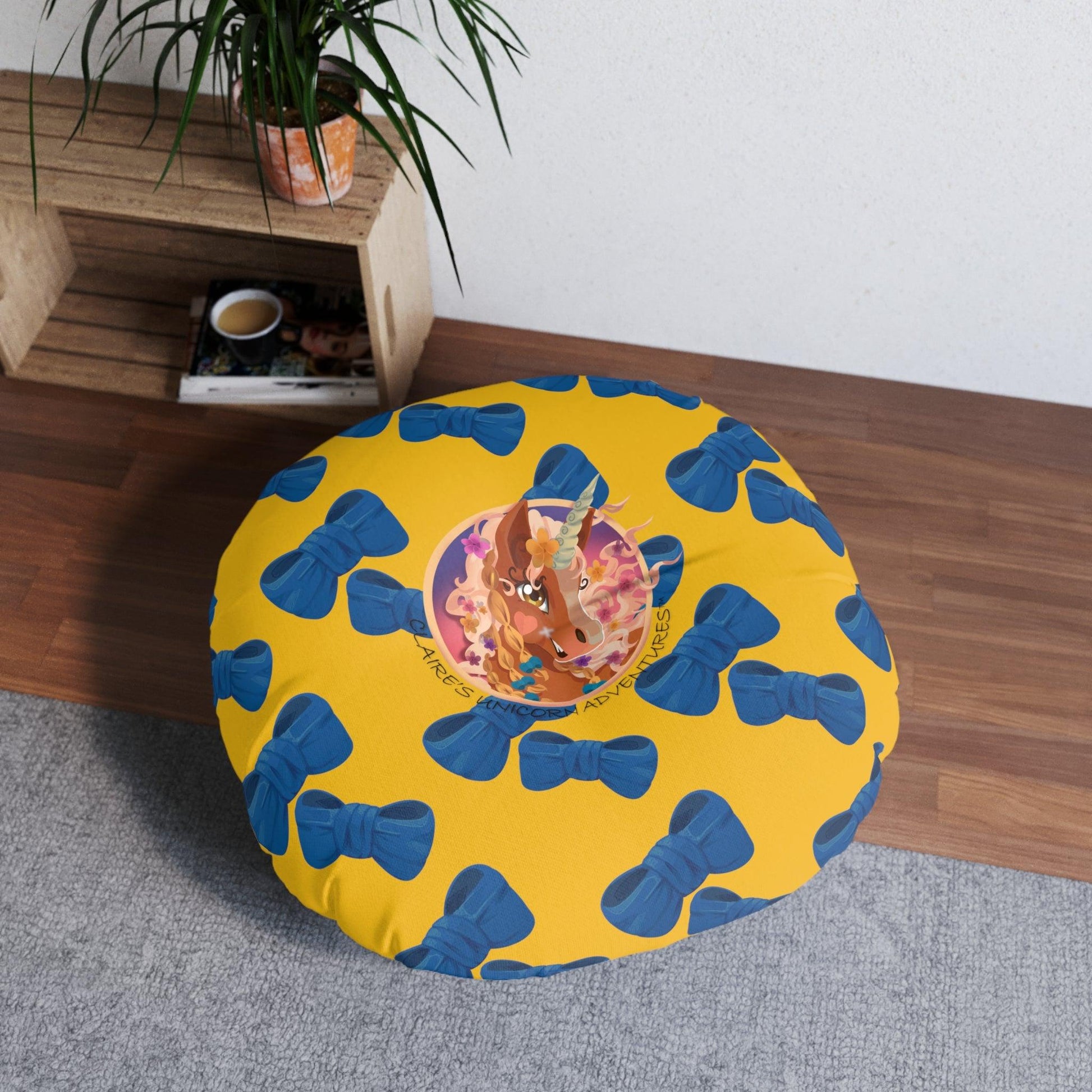 Gwenhwyer Goes Anywhere - Tufted Floor Pillow, Round - Yellow - Claires Unicorn Adventures