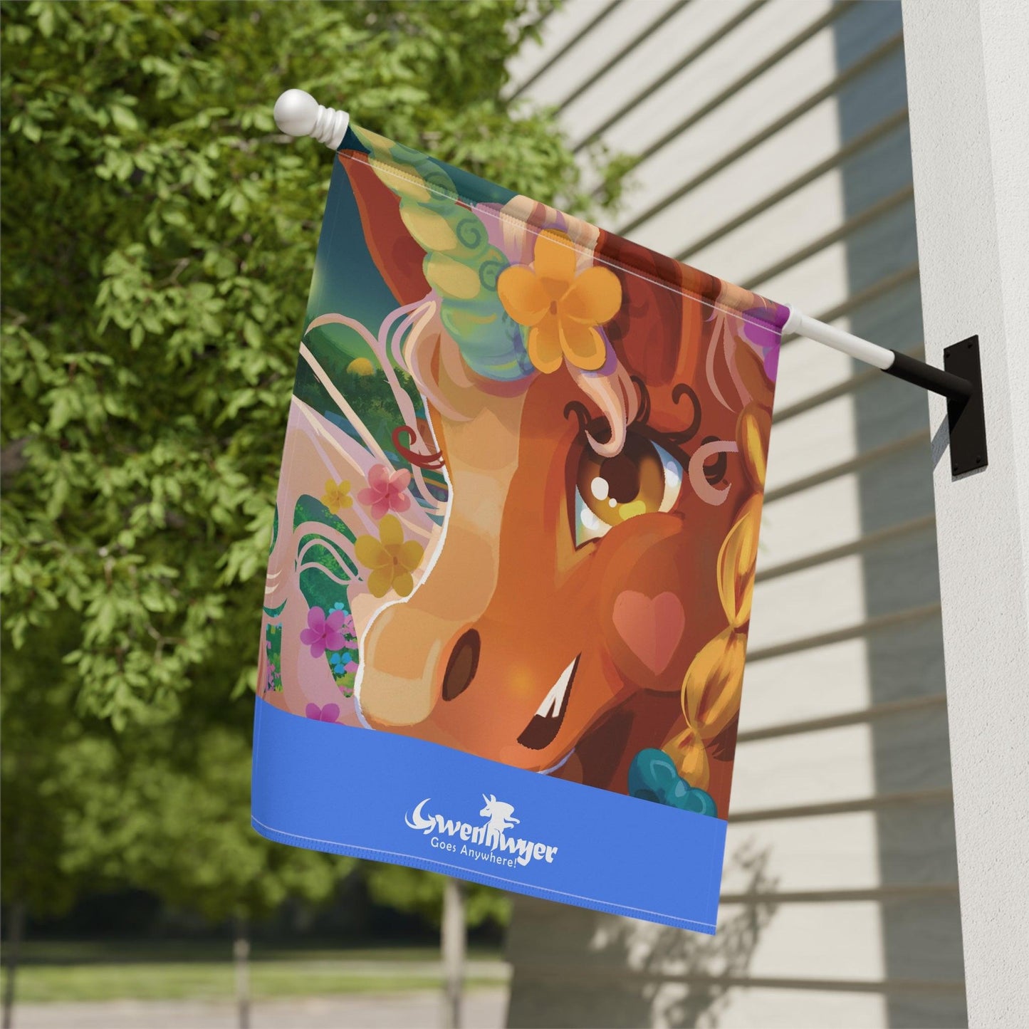 Gwenhwyer Goes Anywhere - Garden & House Banner - Claires Unicorn Adventures