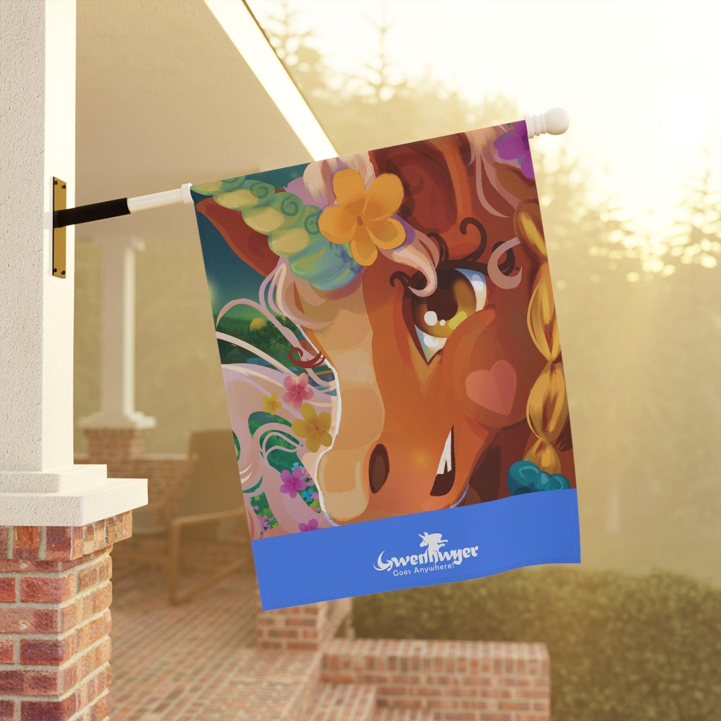 Gwenhwyer Goes Anywhere - Garden & House Banner - Claires Unicorn Adventures