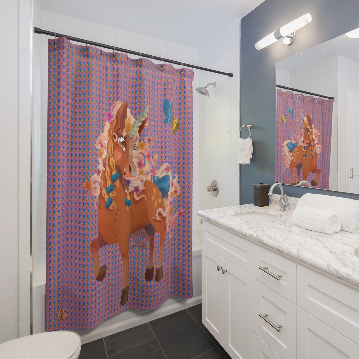 Gwenhwyer Goes Anywhere - Shower Curtain - pink - Claires Unicorn Adventures