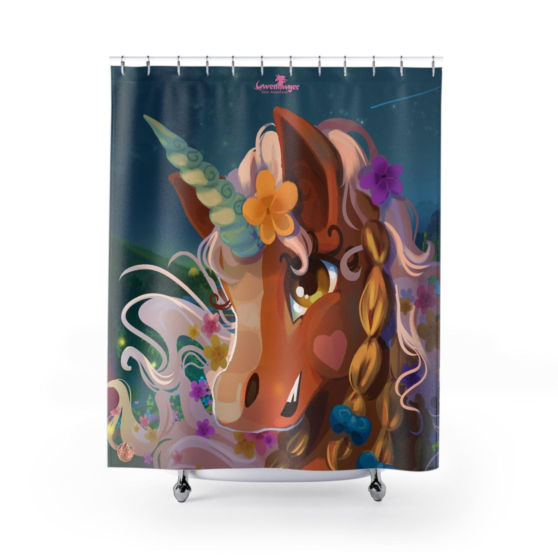 Gwenhwyer Pretty Face Shower Curtains - Claires Unicorn Adventures