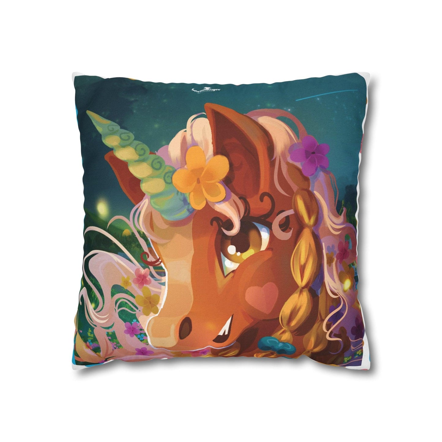 Gwenhwyer Goes Anywhere - Spun Polyester Square Pillowcase - Claires Unicorn Adventures