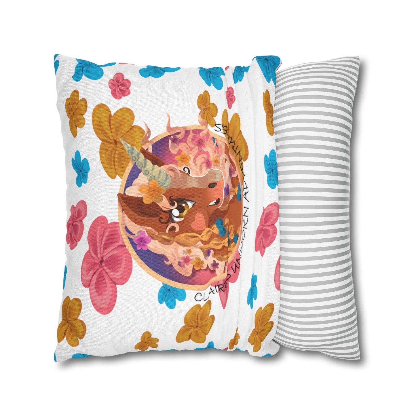 Gwenhwyer Goes Anywhere - Spun Polyester Square Pillowcase - Claires Unicorn Adventures