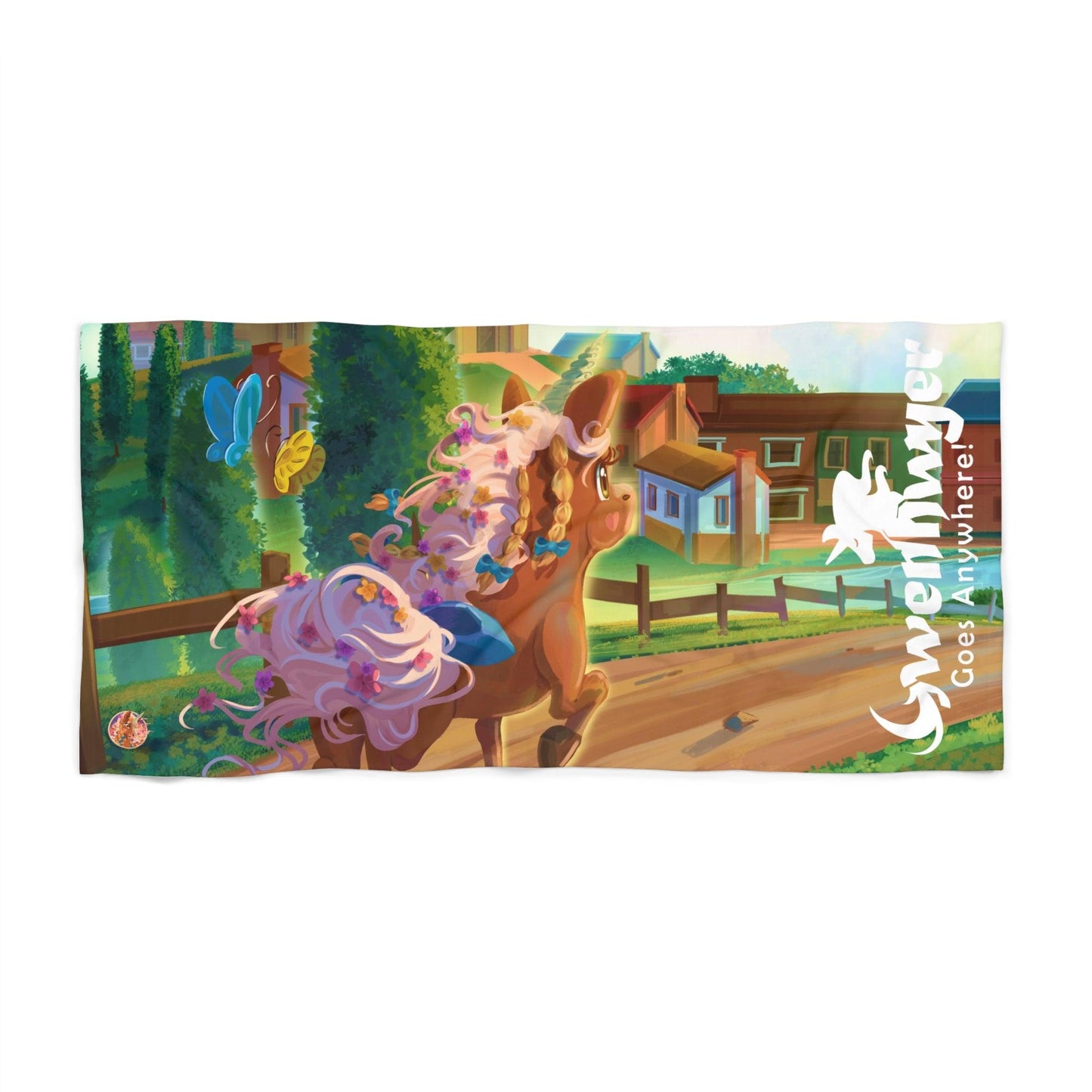 Gwemhwyer Goes Anywhere - Beach Towel - Village - Claires Unicorn Adventures