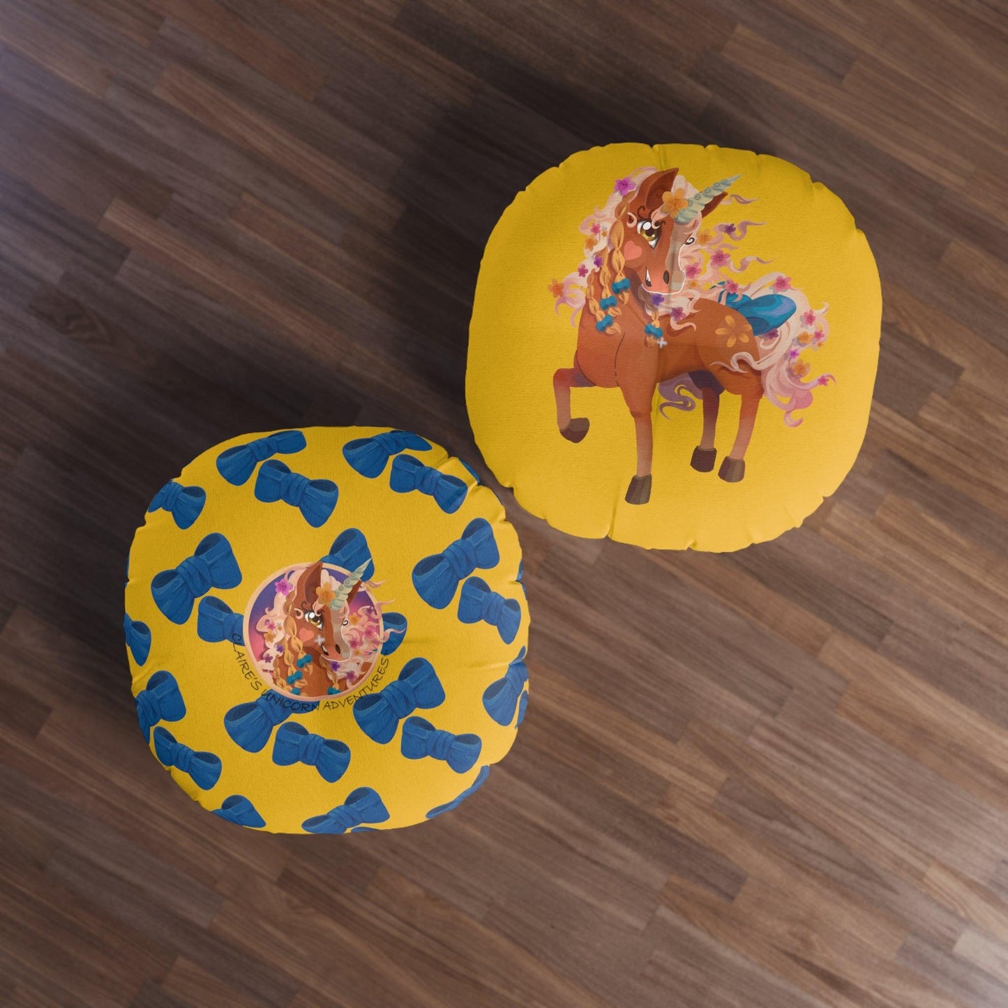 Gwenhwyer Goes Anywhere - Tufted Floor Pillow, Round - Yellow - Claires Unicorn Adventures