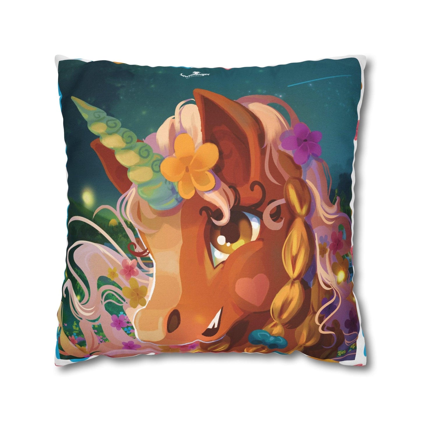 Gwenhwyer Goes Anywhere - Spun Polyester Square Pillowcase - Claires Unicorn Adventures