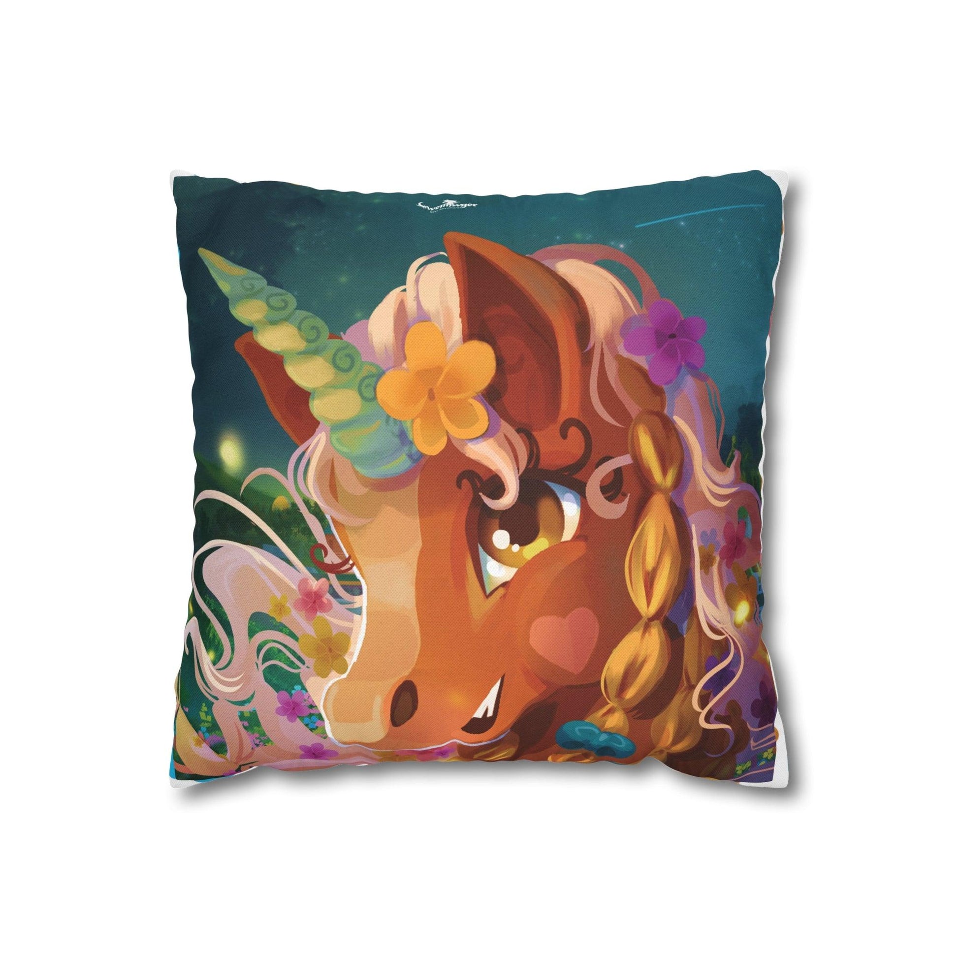 Gwenhwyer Goes Anywhere - Spun Polyester Square Pillowcase - Claires Unicorn Adventures