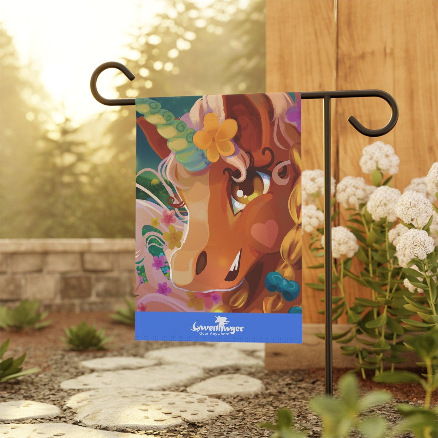 Gwenhwyer Goes Anywhere - Garden & House Banner - Claires Unicorn Adventures